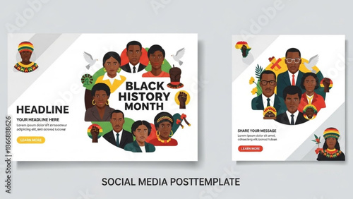A vibrant social media post template celebrating Black History Month with diverse illustrations
