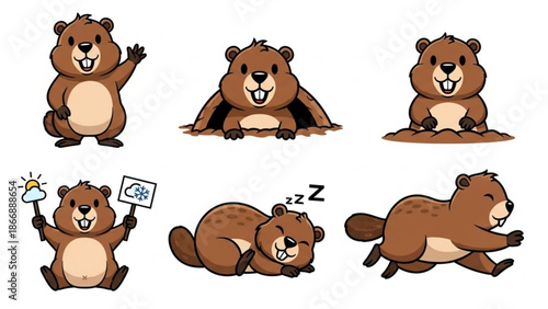 A set of six cartoon beavers in various poses and expressions on a white background
