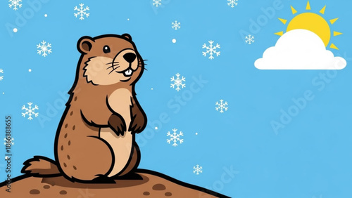 A cartoon groundhog standing on a mound in a snowy scene with a sunny cloud