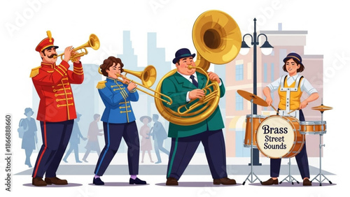 A vibrant vector illustration of a brass band performing on a city street with a lively atmosphere