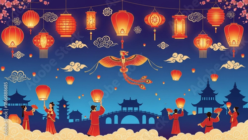 A vibrant illustration of a Chinese lantern festival with people releasing lanterns into the sky