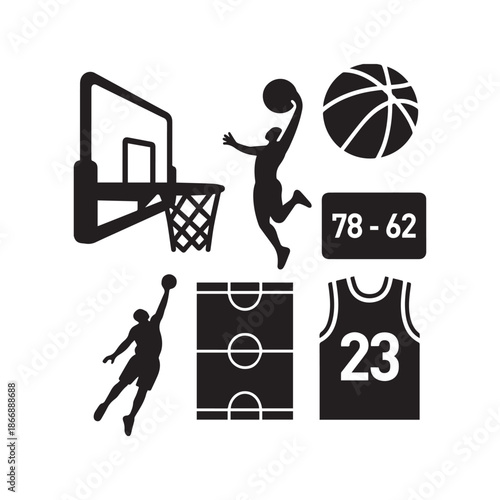 Basketball Vector Icon Collection With Player Dunking Hoop Scoreboard and Jersey.