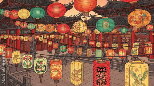 A vibrant illustration of colorful lanterns hanging in a traditional Chinese courtyard with a serene atmosphere.