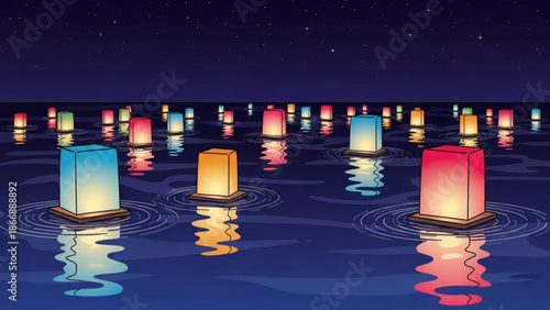 A serene and peaceful vector illustration of colorful lanterns floating on water at night