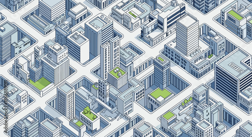 Detailed isometric view of a futuristic city layout with blue skyscrapers, wide streets, and sustainable green roof gardens on various buildings.
