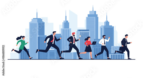 Energetic group of business professionals in suits running towards a modern city skyline symbolizing career success and competition.
