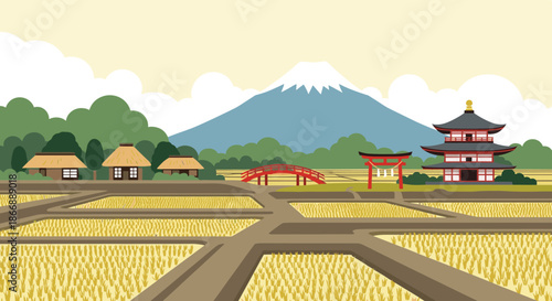 Picturesque rural Japanese landscape featuring golden rice fields, traditional houses, a red bridge, and the iconic snow-capped Mount Fuji in the distance.