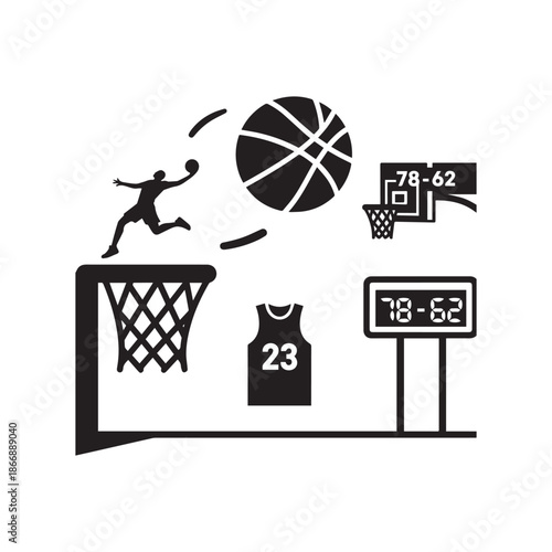 Basketball Vector Icon Collection With Player Dunking Hoop Scoreboard and Jersey.