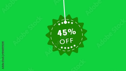 A deep green starburst shaped tag with white text indicating 45% OF is suspended by a white string against a bright green background, signifying a promotional sale event