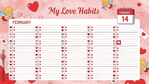 A vector graphic illustration of a love habits tracker for Valentine's Day with a pink background and heart designs