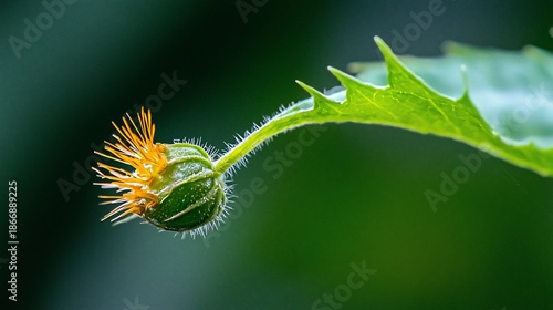 Unfurling Beauty CloseUp of a Spiky Green Flower Bud with Golden Petals.