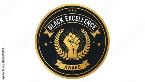 A vector graphic illustration of a Black Excellence Award badge with a raised fist and laurel wreath