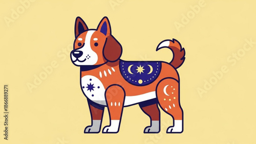 A colorful illustration of a dog with celestial designs on its body