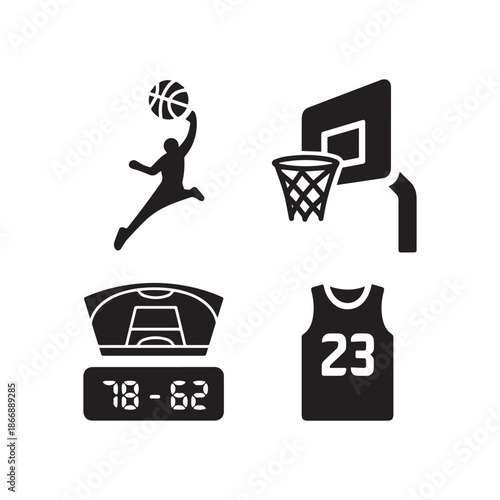 Basketball Vector Icon Collection With Player Dunking Hoop Scoreboard and Jersey.