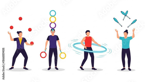 A colorful vector illustration of four jugglers performing different juggling acts with balls, rings, and clubs in a playful and dynamic scene.