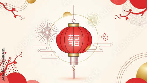 A vibrant red Chinese lantern with gold accents and festive decorations on a cream background
