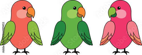 Cute colorful parrot cartoon vector set with three standing bird characters tropical pet illustration isolated