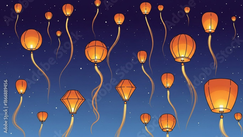 A vector graphic illustration of glowing lanterns floating in the night sky