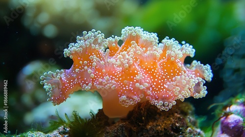 Vibrant Orange Bubble Tip Anemone with White Spots in Aquarium Setting.
