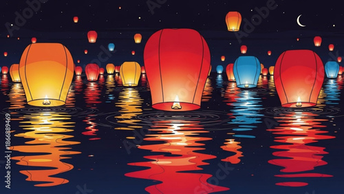 A serene and peaceful vector illustration of glowing lanterns floating on water at night