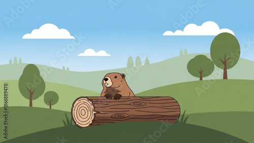 A cartoon bear sitting on a log in a serene landscape with rolling hills and trees