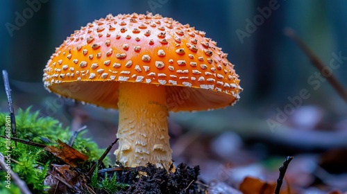 Vivid Orange Fly Agaric Mushroom with White Spots in Forest Setting.