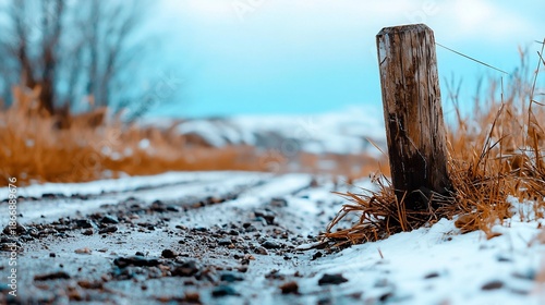 Winters Edge Weathered Post on Snowy Path with Distant Hills.