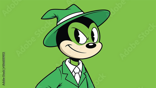 Cartoon character in green suit and fedora hat.