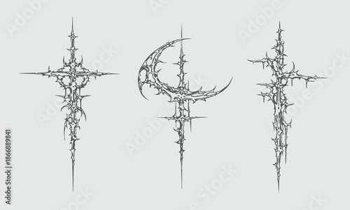 Neo-Tribal Cybersigilism Vector Set: Gothic Futuristic Linework, Occult Tattoo Core Symbols, Modern Cyberpunk Patterns for Streetwear, Clothing Brand Graphics, T-Shirt Design & Edgy Vector