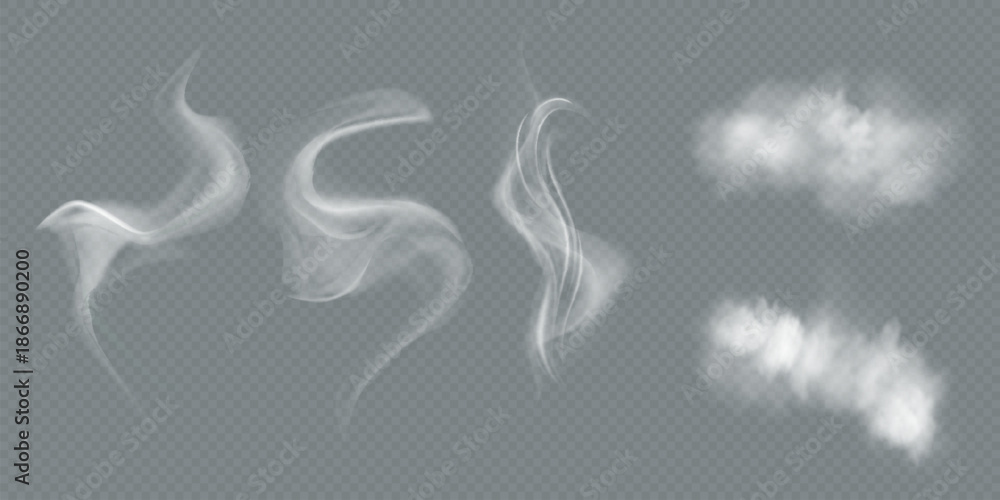 Obraz premium Transparent vector smoke and cloud set. Realistic fire smoke, white fluffy cloud, fog wave, and chimney smoke with overlay effect. Ideal for weather illustration, sky backgrounds