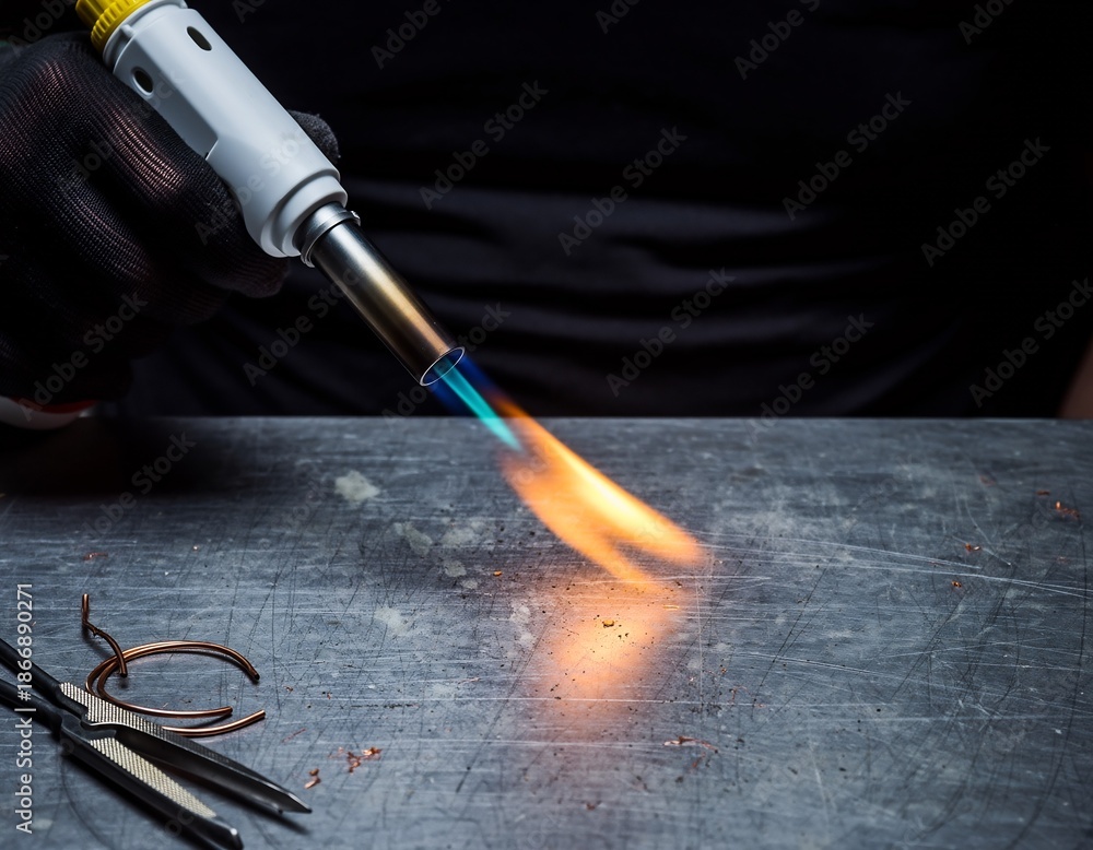 Naklejka premium Gloved hand heating metal with a precision butane torch on a distressed workbench, symbolizing craftsmanship and fabrication, concept for engineering, jewelry making and DIY.