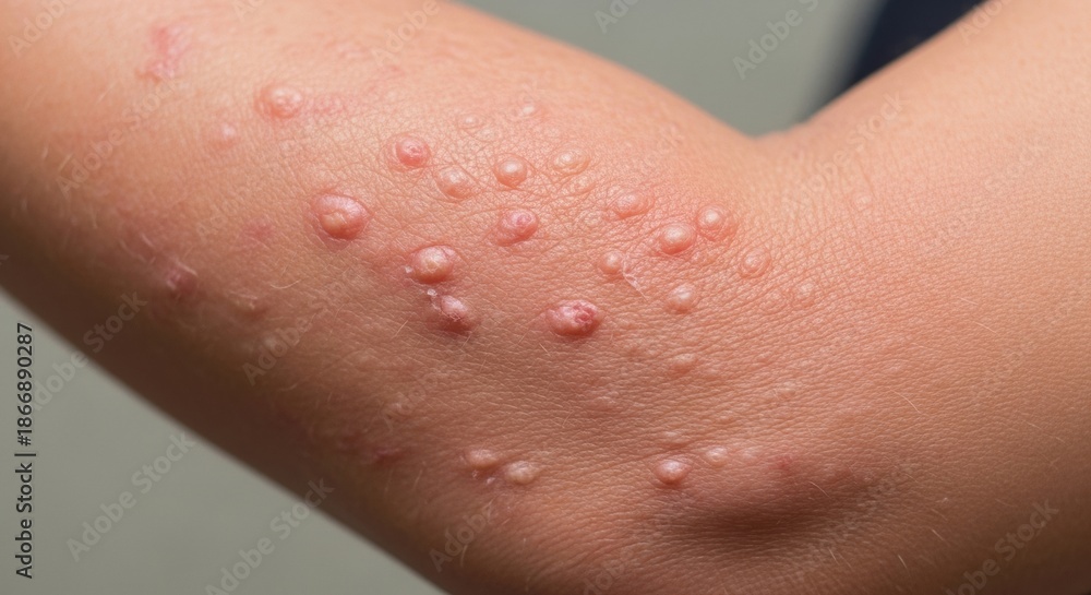 Fototapeta premium A detailed close-up shows Molluscum Contagiosum on an arm, featuring small, raised bumps and papules in natural light, highlighting the skin condition.