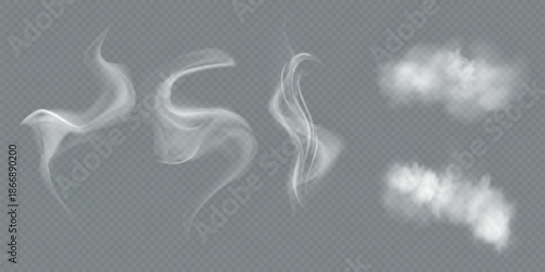 Transparent vector smoke and cloud set. Realistic fire smoke, white fluffy cloud, fog wave, and chimney smoke with overlay effect. Ideal for weather illustration, sky backgrounds