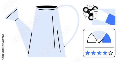 User interaction concept. A fidget spinner and a watering can efficiency and multitasking tied to daily utilities. Perfect for user behavior, performance, productivity, workflow, and hobbies