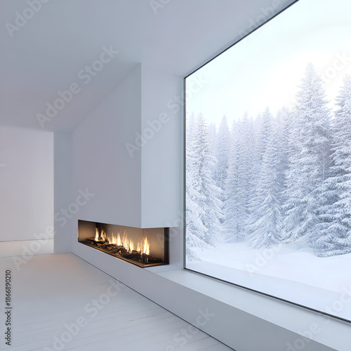 Modern interior with fireplace and snowy forest view
