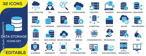 Data storage icon set featuring cloud computing, database, backup, recovery, encryption, server, data security and information management concepts. Modern flat vector icons with editable stroke, perfe