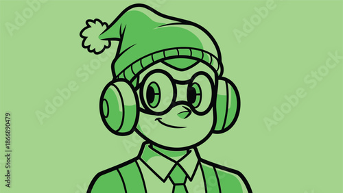 Cartoon character with headphones and a festive hat in green tones.