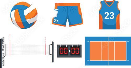 Volleyball sport equipment set with ball, uniform, net, scoreboard and court isolated on white background