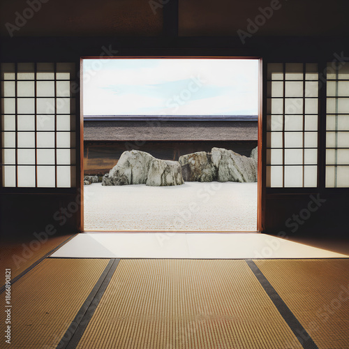 Traditional Japanese tatami room overlooking peaceful rock garden