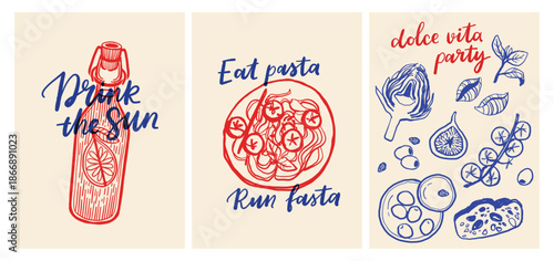 Illustrated Motivational Posters with Pasta and Water Bottle Themes.