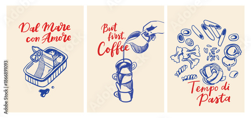 Italian Food Illustrations with Loving Phrases and Icons.