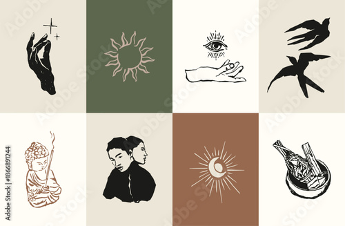 Mystical Line Art Symbols with Hands Suns Eyes Birds and Crowns.