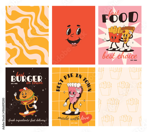 Retro Fast Food Posters Featuring Burgers Fries and Pizza.