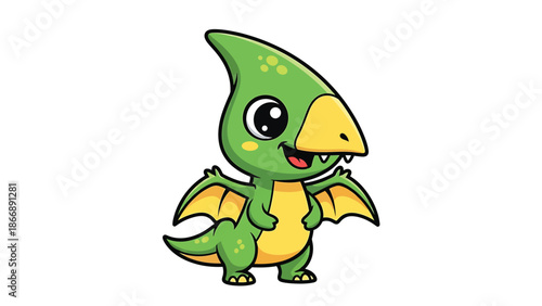 Adorable Cartoon Pterodactyl Illustration with Big Eyes and Small Wings.