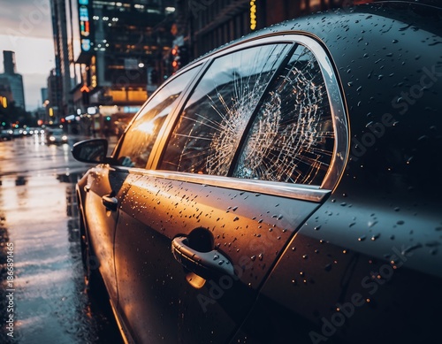 Broken side window on a dark car parked on a rainy city street at dusk, concept for crime, damage and insurance.