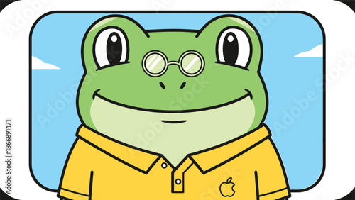 Cartoon Frog Character with Glasses and Yellow Shirt Illustration.