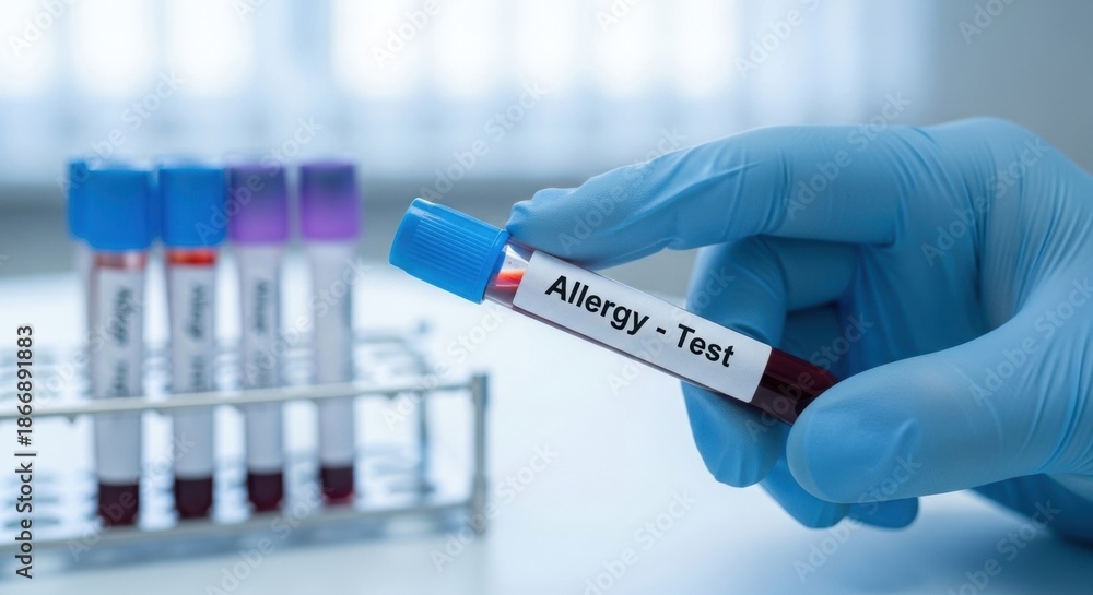 Naklejka premium A gloved hand holds a blood sample tube labeled 'Allergy Test' in a blurred laboratory environment, emphasizing medical analysis and diagnostics.