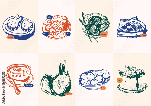 Vibrant Illustrated Collection of Traditional Asian Food Dishes.