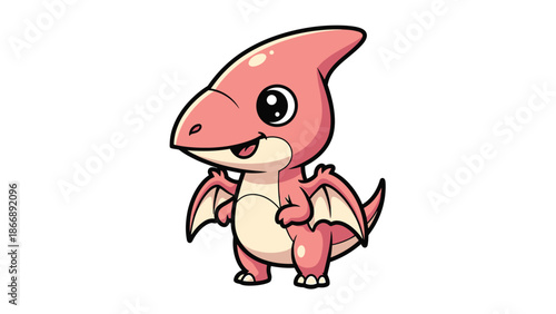 Adorable Cartoon Pterodactyl with Big Eyes and Pink Skin.