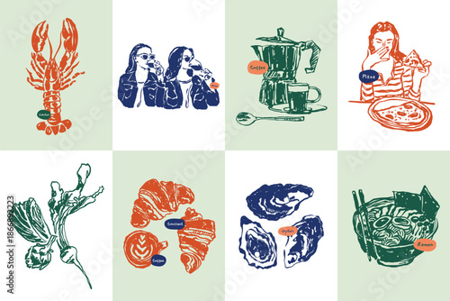 Vibrant Illustrated Seafood Collection Featuring Lobster Shrimp and Mussels.